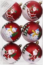6x Boules de Noël rouges 8 cm synthétique avec impression - Boules de Noël en plastique incassables - Décorations pour sapins de Noël rouge