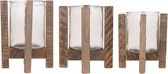 Set van 3x houten theelichthouders/waxinelichthouders op standaard 17,5/21/24.5 cm -  Kaarsenhouders/lantaarns - Sfeer lichtjes