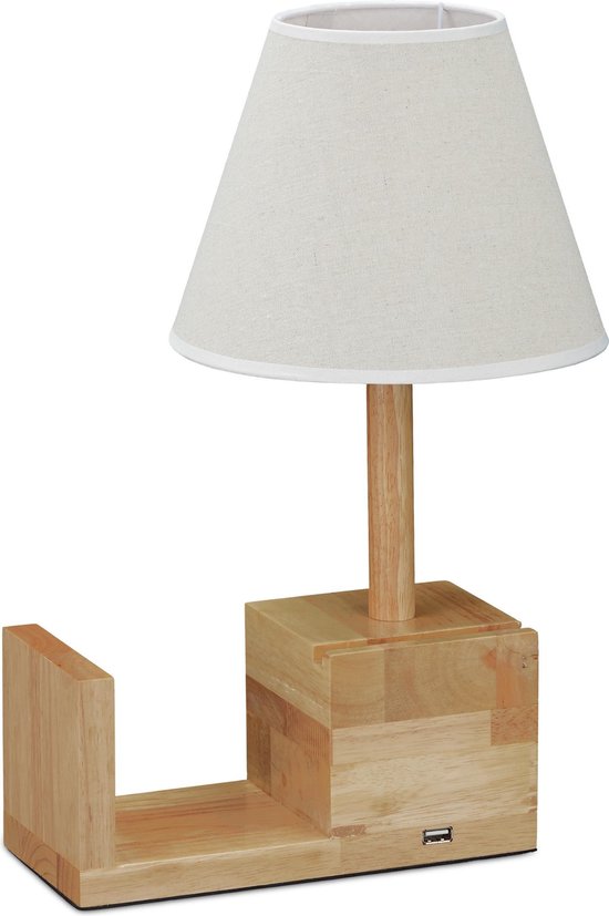 lampe de table relaxdays usb - veilleuse - serre-livres - support de téléphone bois - lampe de table E27