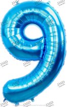 Folie ballon XL 100cm met opblaasrietje - cijfer 9 blauw - 9 jaar folieballon - 1 meter groot met rietje - Mixen met andere cijfers en/of kleuren binnen het Jumada merk mogelijk