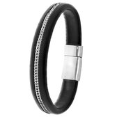 Lucardi Heren Armband zwart leer - Leer - Armband - Cadeau - 19 cm - Zilverkleurig