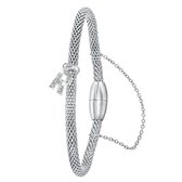 Lucardi Dames Armband mesh letter R met kristal - Staal - Armband - Cadeau - 19 cm - Zilverkleurig