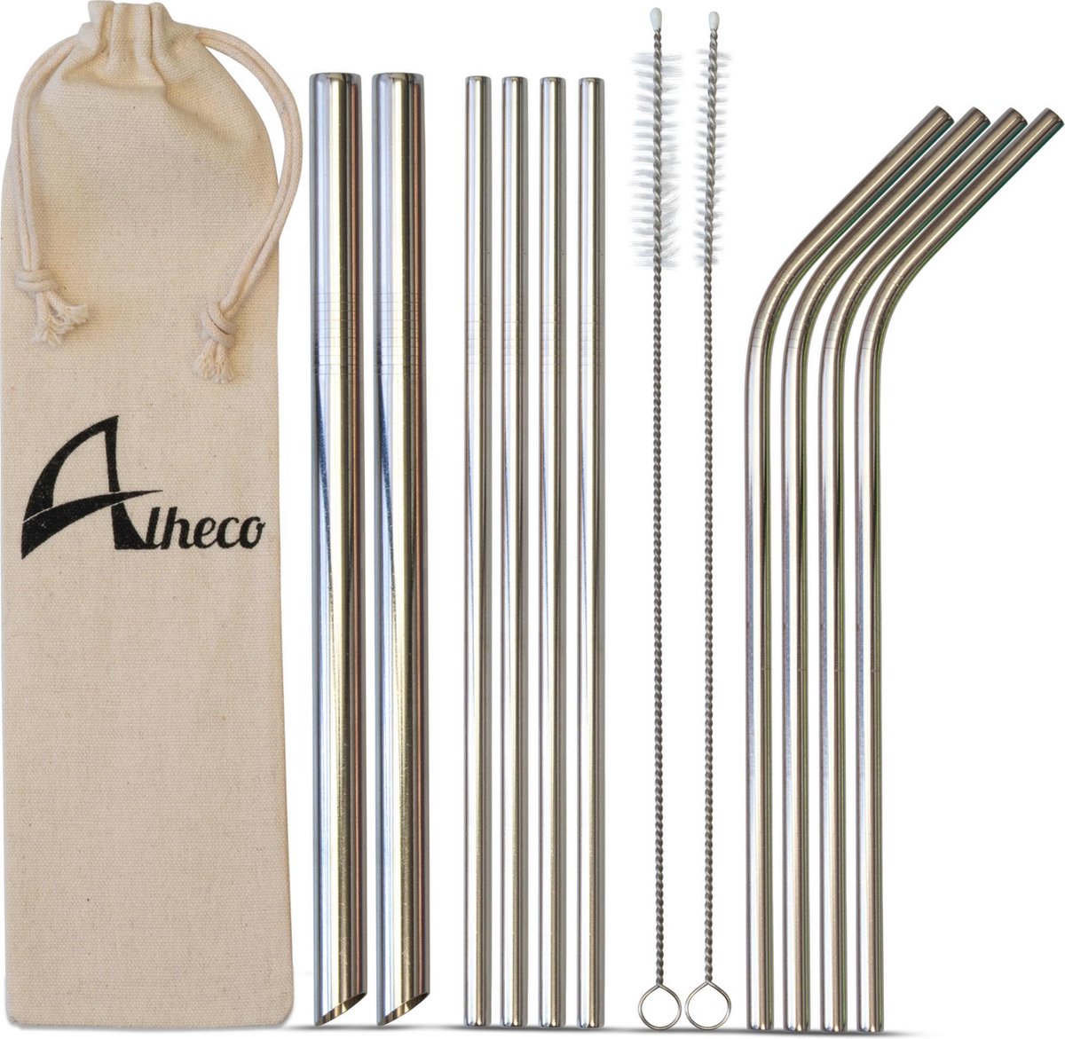 Herbruikbare metalen rietjes – 13-delige set – RVS smoothie & cocktail rietjes - Zilver