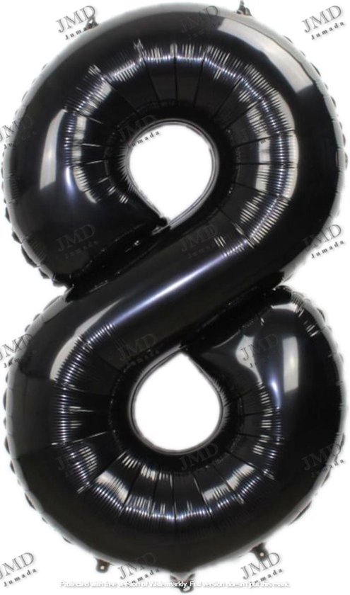 Folie ballon XL 100cm met opblaasrietje - cijfer 8 zwart - 8 jaar folieballon - 1 meter groot met rietje - Mixen met andere cijfers en/of kleuren binnen het Jumada merk mogelijk