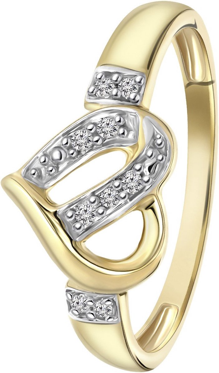 Lucardi Dames Ring hart 9 diamanten 0,05ct - Ring - Cadeau - 14 Karaat Goud - Geelgoud