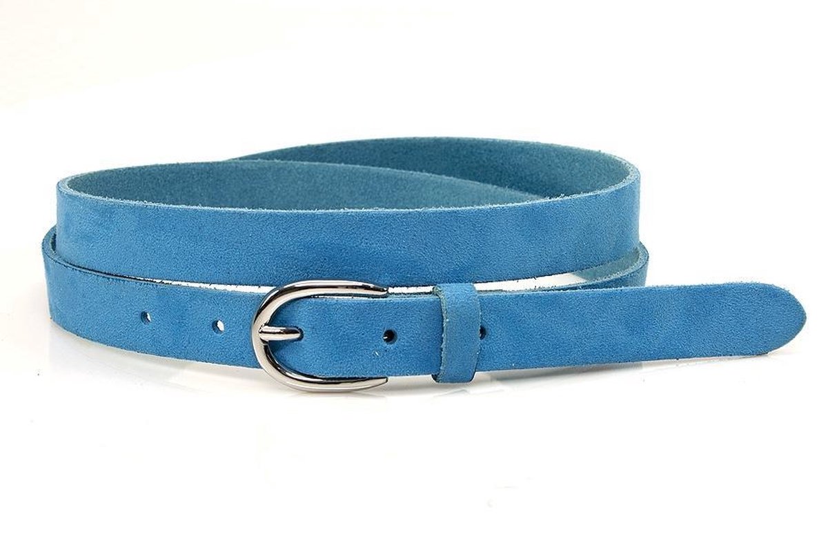 Thimbly Belts Smalle dames riem hemelsblauw suede - dames riem - 2 cm breed - Blauw - Echt Leer - Taille: 105cm - Totale lengte riem: 120cm