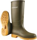 Groene Dunlop regenlaars met gele zool, met de zool van een andere laars ernaast.
