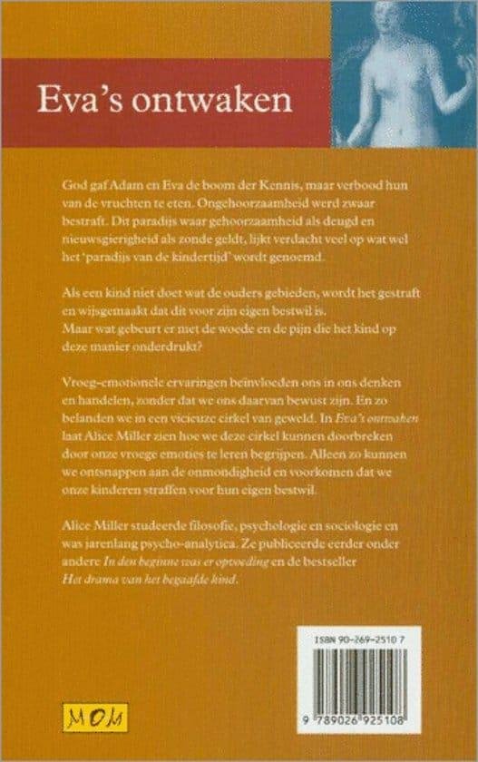 Boekomslag van "Eva's ontwaken". De achterkant heeft gele tekst over het boek met een kleine afbeelding van een vrouw.