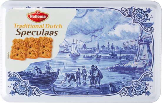 Foto: Hellema speculaas met de fijnste speculaaskruiden volgens authentiek recept nederlandse lekkernij in een delftsblauwblik traditionele speculaas 415 g verpakte koekjes