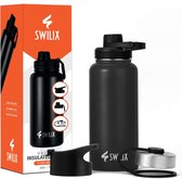 SWILIX ® RVS Drinkfles - Waterfles 950ml - Lekvrij - Dubbelwandig - Insulated Thermosfles voor Sport, Fitness, Outdoor - 3 Drinkdoppen - Zwart