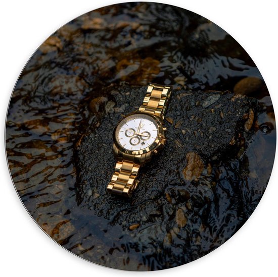 Dibond Wandcirkel - Goude Horloge op Waterige Steen - 100x100cm Foto op Aluminium Wandcirkel (met ophangsysteem)