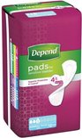 Doos 'Depend pads for sensitive bladder'. Toont een incontinentieverband, 4-in-1 technologie en 12 pads.