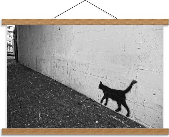 Schoolplaat – Graffiti Kat op Muur (zwart/wit) - 60x40cm Foto op Textielposter (Wanddecoratie op Schoolplaat)