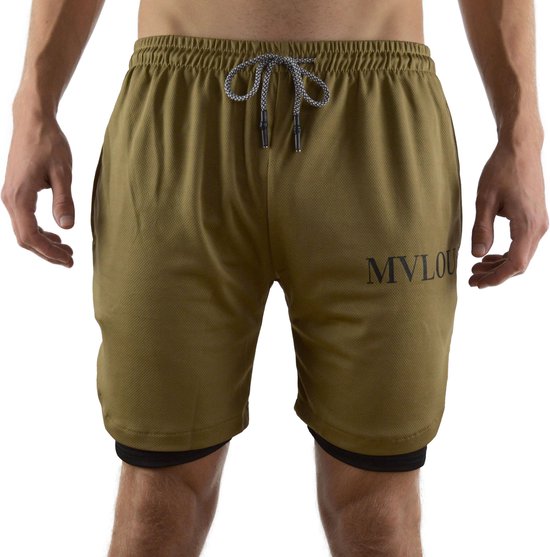 MVLOUS Sportbroek voor Heren - kort - Fitness broek met mobiel zak - 2 in 1 Sportbroekje - Khaki - L