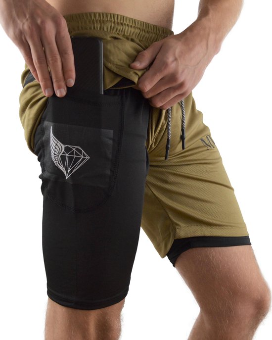 MVLOUS Sportbroek voor Heren - kort - Fitness broek met mobiel zak - 2 in 1 Sportbroekje - Khaki - L