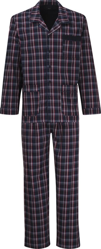 Gotzburg heren pyjama met knopen - geweven heren pyjama niet elastisch - blauw met rood en wit geruit - Maat: XXL
