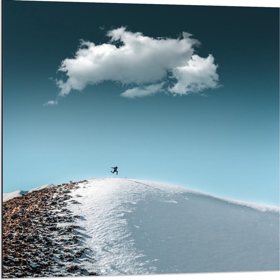 Dibond - Berg met Sneeuw en Blauwe Lucht - 80x80cm Foto op Aluminium (Met Ophangsysteem)