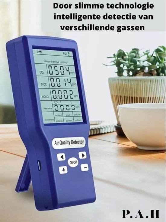 6-in-1 Luchtkwaliteit Monitor, CO2 Detector met Temperatuur, TVOC, HCHO, PM2 .5 en Vochtigheid Meting, Zwart, USB Oplaadbaar met Intelligent Kleurenscherm