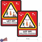 Let op! Spelende kinderen waarschuwingsbord sticker set 2 stuks.