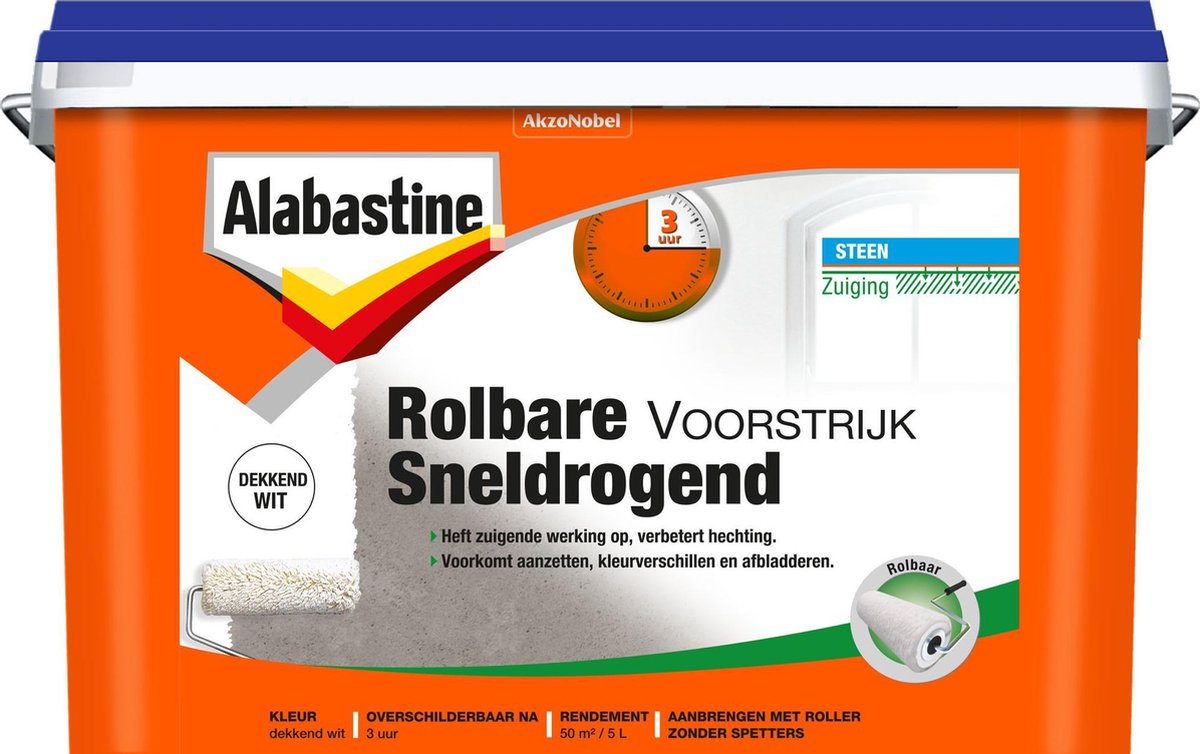 Alabastine Rolbare Voorstrijk Sneldrogend - Dekkend Wit - 5 liter - Alabastine