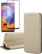 Hoesje geschikt voor Samsung Galaxy A31 - Screen Protector FullGuard - Book Case Leer ThinShield Goud & Screenprotector