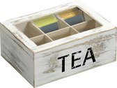 Houten witte theedoos/theekist met 6 vakken Tea 16 x 21,7 x 9 cm - Theedozen/theekisten - Thee bewaren/opbergen - Theezakjes presenteren