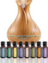O'dor® Cadeau Set Aroma Diffuser met Extra 8 x 10ml Etherische Olie - Vernevelaar - Luchtbevochtiger – Verdamper – Aromatherapie - Geurverspreider - Hout Look