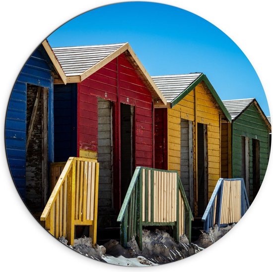 Dibond Wandcirkel - Gekleurde Huisjes op Strand - Foto op Aluminium Wandcirkel (met ophangsysteem)