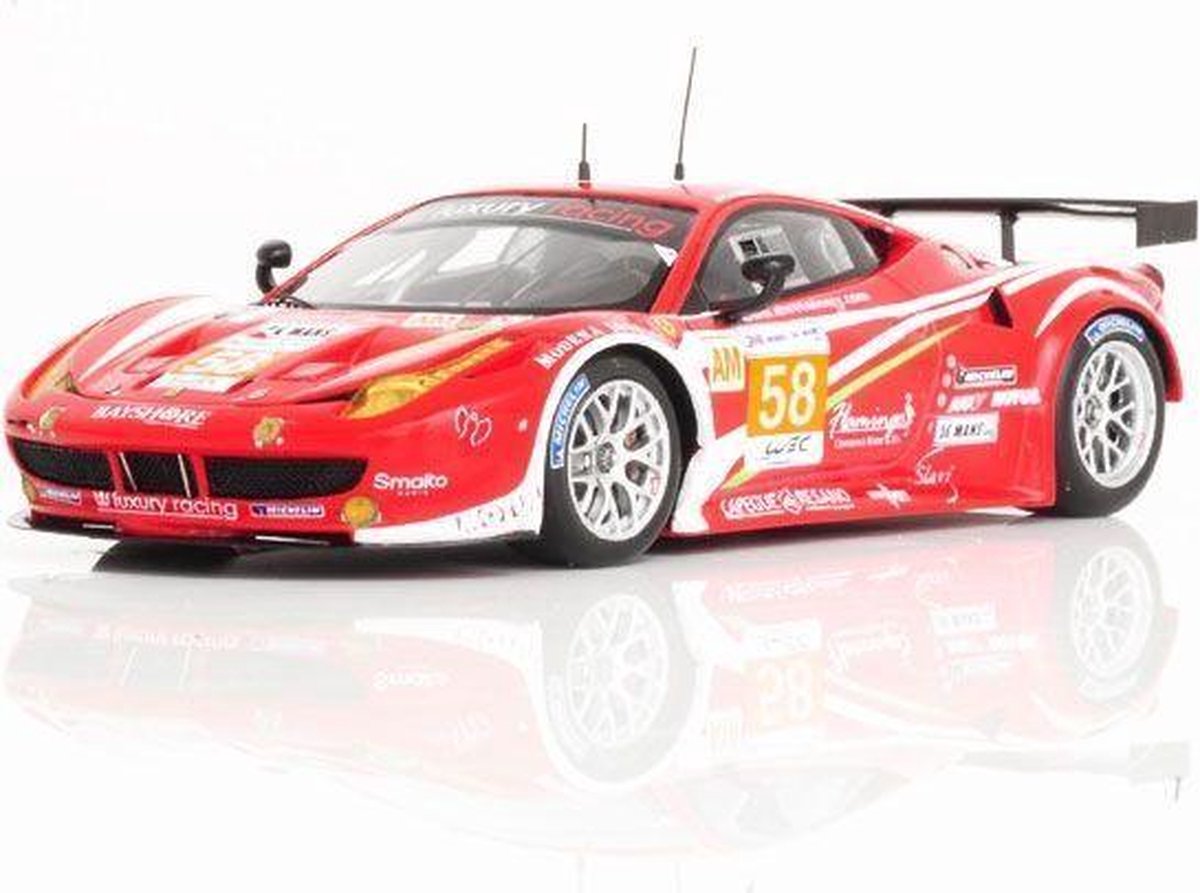 The 1:43 Diecast Modelcar of the Ferrari 458 Italia GTC , Luxury Racing #58 of the 24H LeMans 2012. The drivers are P. Ehret / F. Montecalvo and G. Jeannette. The manufacturer of the scalemodel is Fujimi.This model is only available online