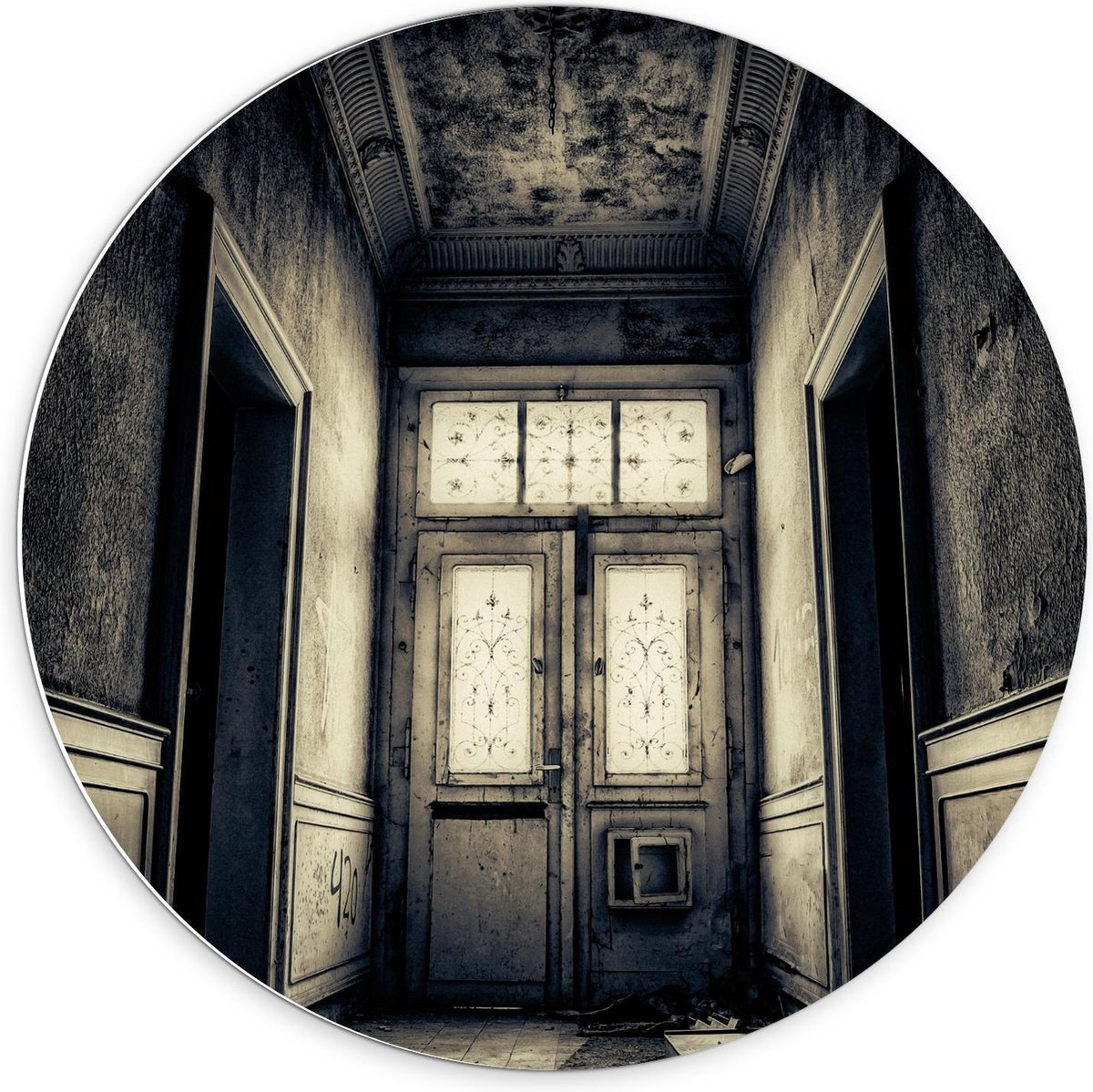 Forex Wandcirkel - Oude Voordeur van Verlaten Gebouw - 70x70cm Foto op Wandcirkel (met oph