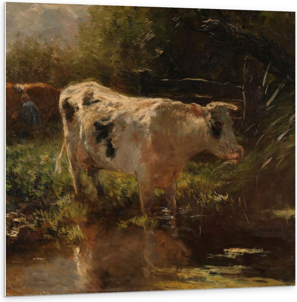 KuijsFotoprint Schilderij - Oude Meesters Koe Aan De Slootkant. Willem Maris - Groen En Bruin - 100 X 100 Cm