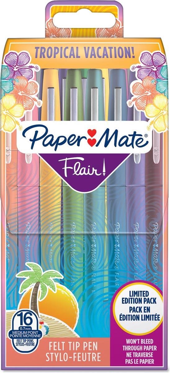 Paper Mate Flair-viltstiften | Medium punt (0,7 mm) | Diverse tropische-vakantiekleuren | Etui met 16 stuks