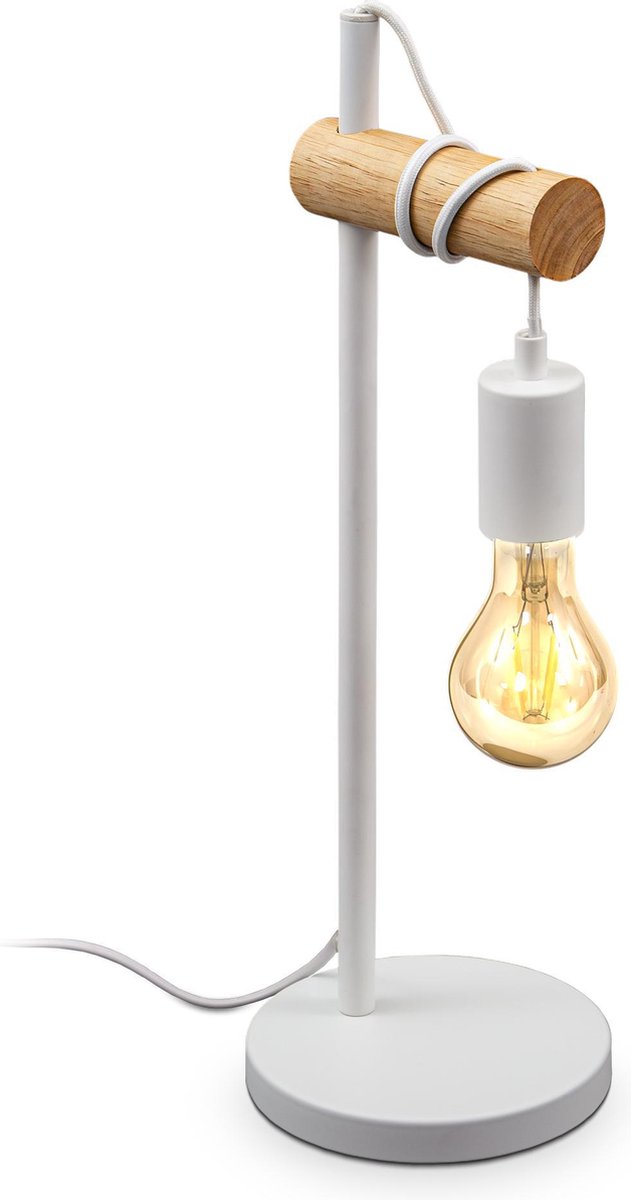 B.K.Licht - Scandinavische Witte Tafellamp - industriële bedlamp hout - E27 fitting - excl. lichtbron