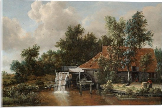 Acrylglas - Oude Meesters - Een watermolen, Meindert Hobbema, ca. 1664 - 60x40cm Foto op Acrylglas (Wanddecoratie op Acrylglas)