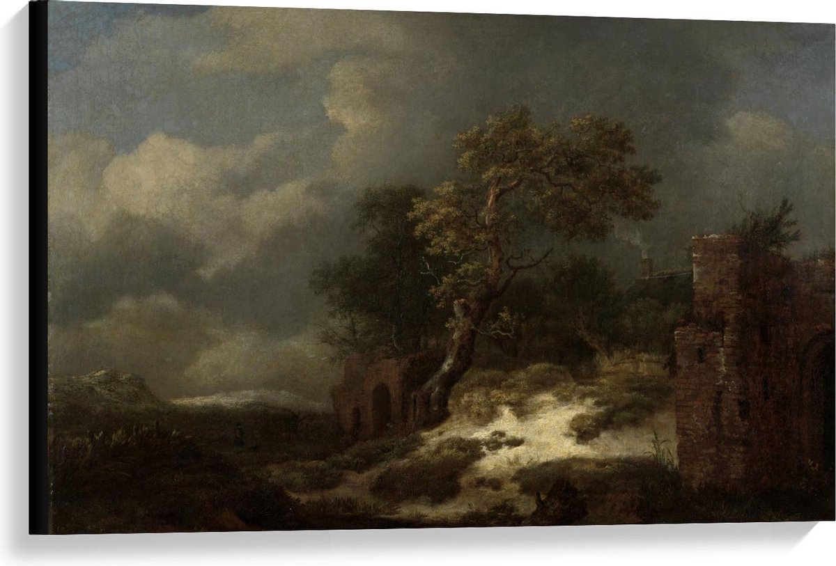 KuijsFotoprint Canvas - Oude Meesters - Landschap met ruïnes, Jacob Isaacksz van Ruisdael - 90x60cm Foto op Canvas Schilderij (Wanddecoratie op Canvas) Groen