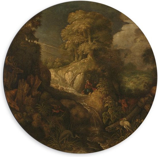 Dibond Wandcirkel - Oude Meesters - Elia door de raven gevoed, Roelandt Savery, 1634 - 60x60cm Foto op Aluminium Wandcirkel (met ophangsysteem)