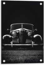 Tuinposter – Voorkant Oude Auto (zwart/wit) - 40x60cm Foto op Tuinposter  (wanddecoratie voor buiten en binnen)