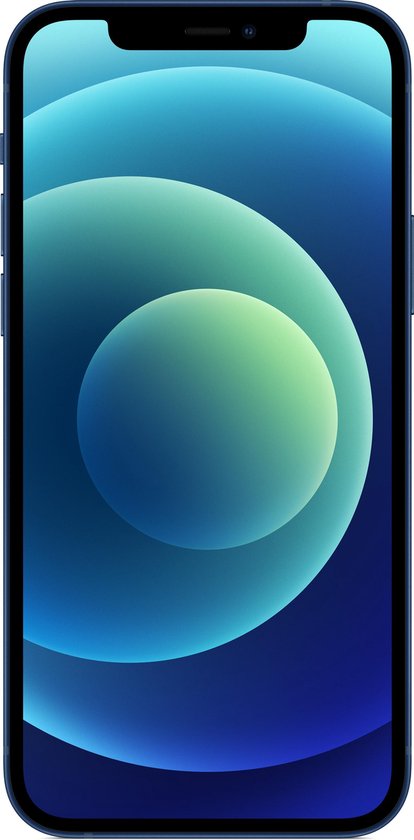 Blauwe iPhone 12 met blauw en groen abstract behang.