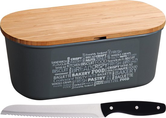 Boîte à pain grise avec couvercle de planche à découper en bambou et couteau à pain noir / argent 18 x 34 x 14 cm - Plateau de rangement du pain avec couteau dentelé - Planches à découper
