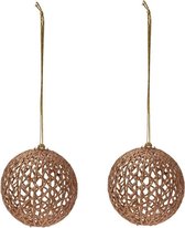 2x Gouden glitter draad/rotan look kerstballen kunststof 9 cm - Kerstboomversiering goud