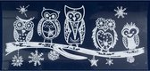 1x Kerst raamversiering raamstickers witte glitter uilen 23 x 49 cm - Raamversiering/raamdecoratie stickers