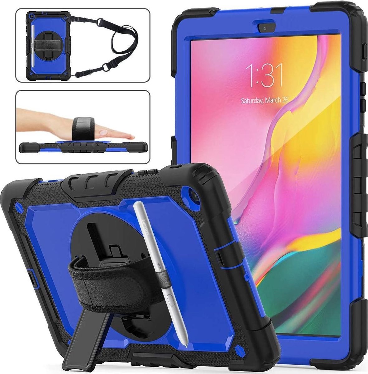 Dasaja case geschikt voor Samsung Galaxy Tab A 10.1 (2019) met screenprotector, handriem en schouderriem voor Horeca en Bouw Blauw