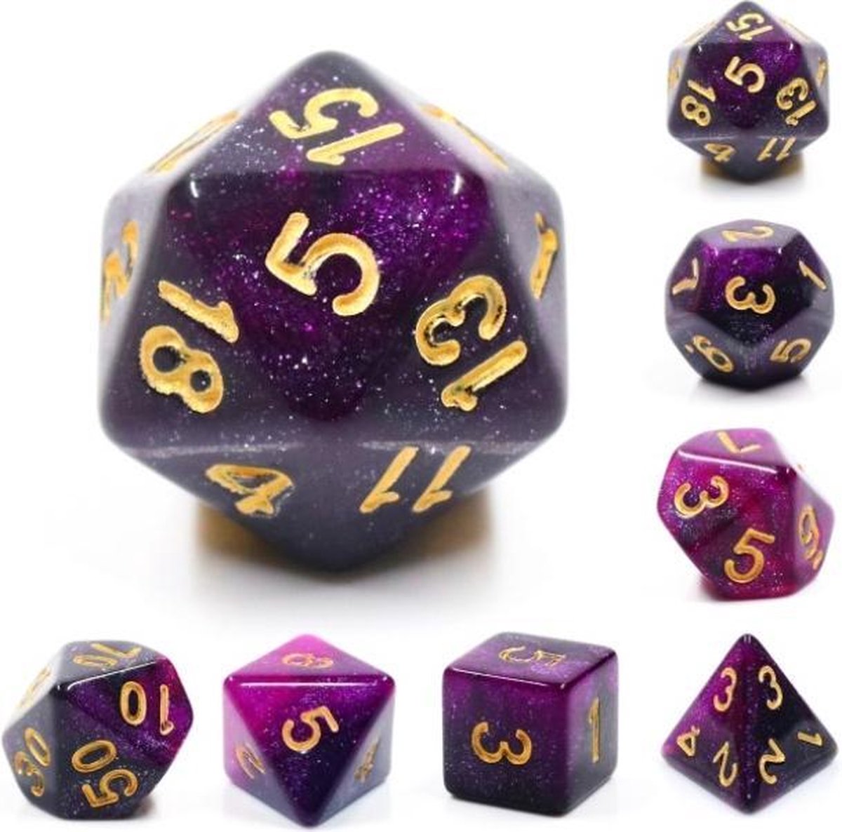 Polyset Dice | Dobbelstenen - Set Van 7 Stuks - Paars Zwart Glitters en Goud| Polydice | D&D en Andere Rollenspellen | Plastic Dobbelstenen Set voor Dungeons and Dragons | Polyhedral Dice Set | Met Mooie Zwarte Velvet Dice Bag voor Ongeveer 3 Sets