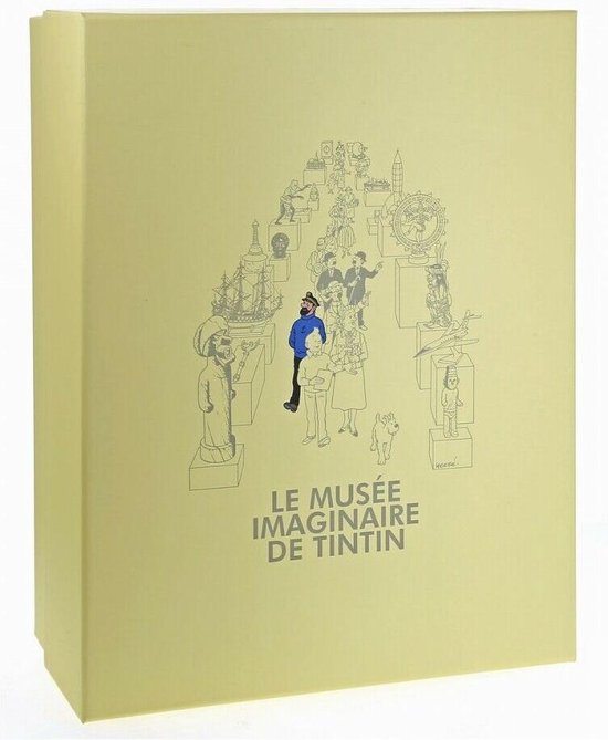 Lichtgele doos met 'Le Musée Imaginaire de Tintin' en tekeningen van personages en objecten.