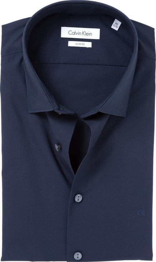 Calvin Klein slim fit overhemd - 2-ply stretch - midnight blue - Strijkvriendelijk - Boordmaat: 44