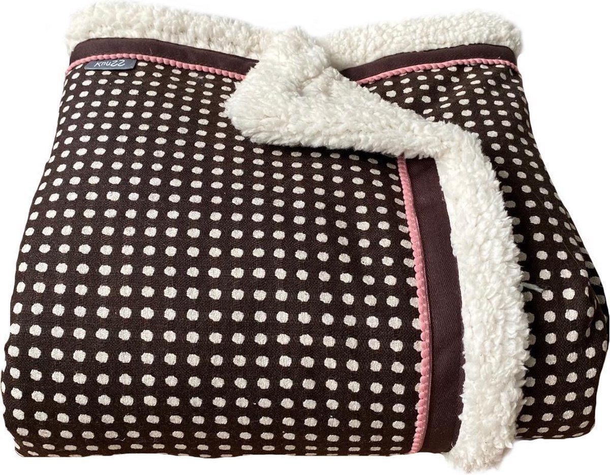 Handgemaakte bruine wollen retro woondeken / plaid met stippen 180 x