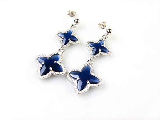 boucles d'oreilles modèle 2 étoiles en argent avec pierres bleu foncé