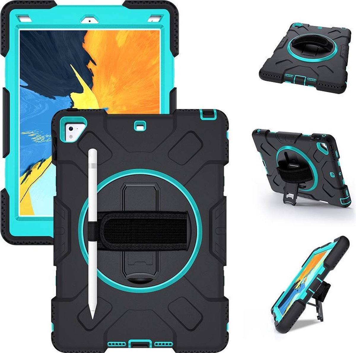 P.C.K. Hoesje/Backcover/Sockproof/Stootproof/Bouw Robuuste Armor Case zwart met mint geschikt voor Apple iPad 10.2 (2019) MET GLASFOLIE/TEMPERED GLASS
