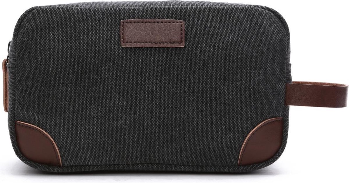 Man & skin toilettas zwart | toilettassen | canvas met leren accenten