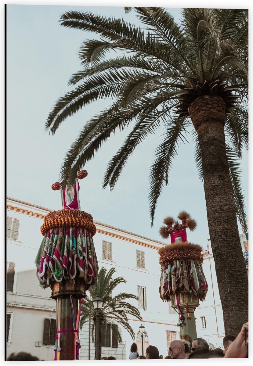 Dibond - Palmboom met Versierde Palen - 40x60cm Foto op Aluminium (Wanddecoratie van metaa